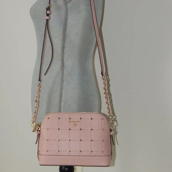 NWT Michael Kors Jet Set Charm LG Dome Crossbody Studs Quilted Leather Bag Rose